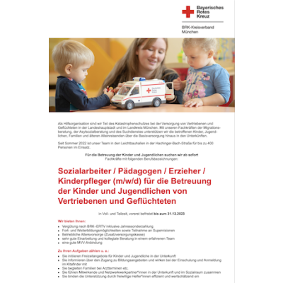 Sozialarbeiter / Pädagogen / Erzieher / Kinderpfleger (m/w/d) für die Betreuung der Kinder und Jugendlichen von Vertriebenen und Geflüchteten