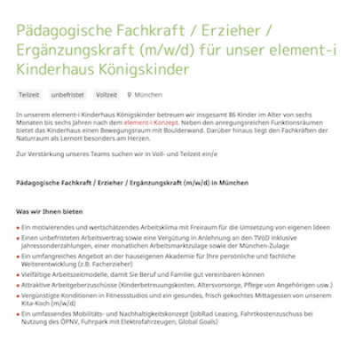 Pädagogische Fachkraft / Erzieher / Ergänzungskraft (m/w/d) für unser element-i Kinderhaus Königskinder