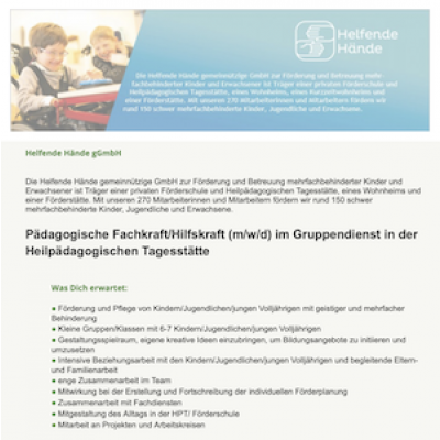 Pädagogische Fachkraft/Hilfskraft (m/w/d) im Gruppendienst in der Heilpädagogischen Tagesstätte