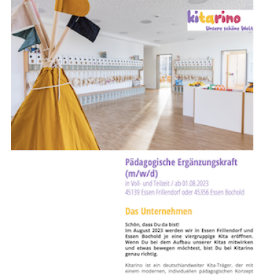Pädagogische Ergänzungskraft (m/w/d) – Kitarino Frillendorfer Straße oder Kitarino Asbeckstraße