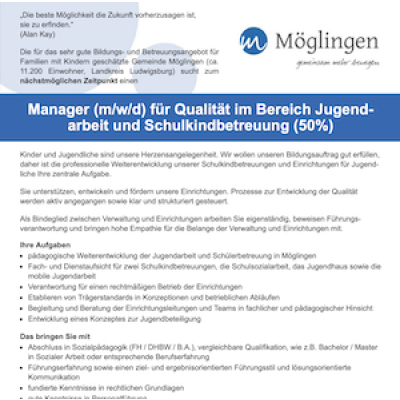 Manager (m/w/d) für Qualität im Bereich Jugendarbeit und Schulkindbetreuung in Teilzeit