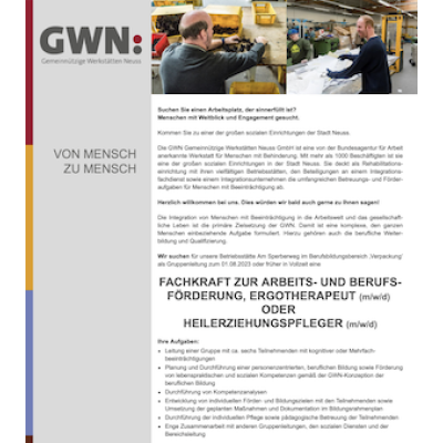 Fachkraft zur Arbeits- und Berufsförderung als Ergotherapeuten (m/w/d) oder Heilerziehungspfleger (m/w/d)