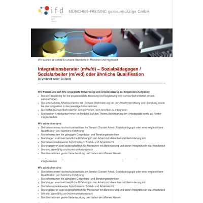 Integrationsberater (m/w/d) – Sozialpädagogen / Sozialarbeiter (m/w/d) oder ähnliche Qualifikation