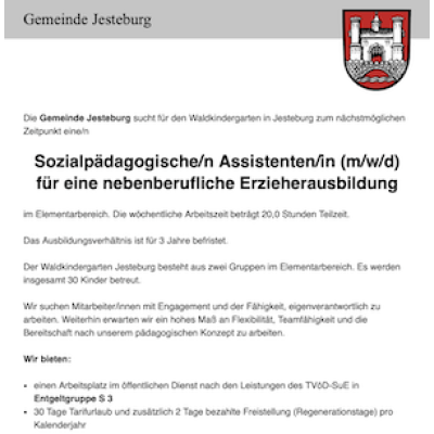 Sozialpädagogische/n Assistenten/in (m/w/d) für eine nebenberufliche Erzieherausbildung