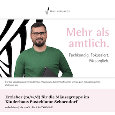 Erzieher (m/w/d) für die Mäusegruppe im Kinderhaus Pusteblume Schorndorf