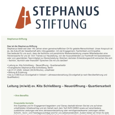 Leitung (m/w/d) ev. Kita Schloßberg – Neueröffnung - Quartiersarbeit